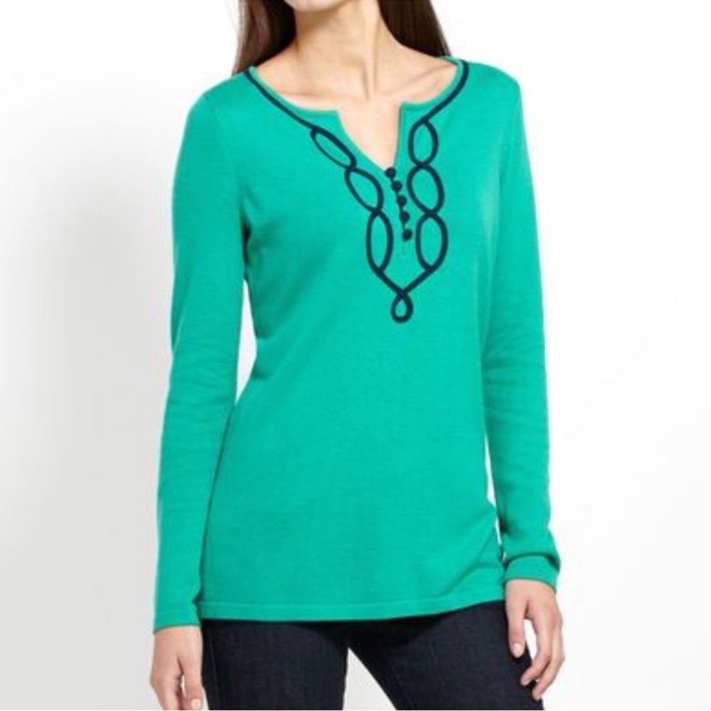 Vineyard Vines Trellis Tunic Sweater Large Kelly Green Navy Blue Trim
